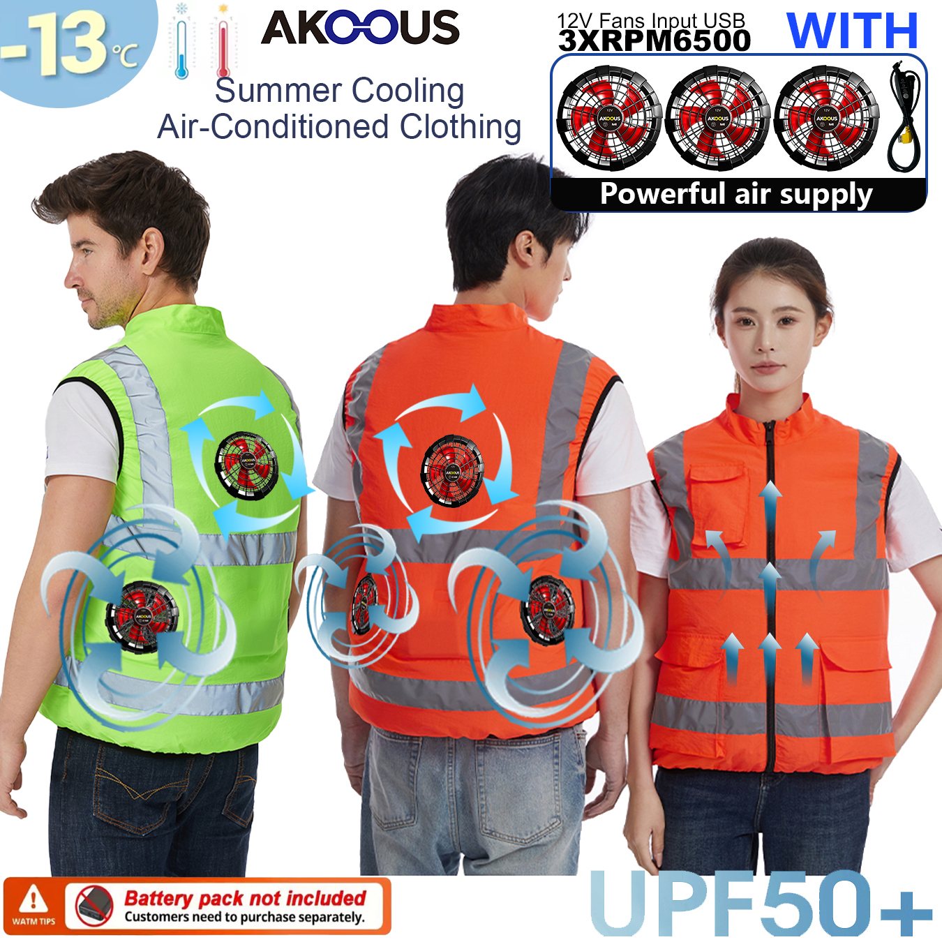 Fishing Jacket Waterproof - AKOOUS 6500 RPM 12V/5V USB 3팬