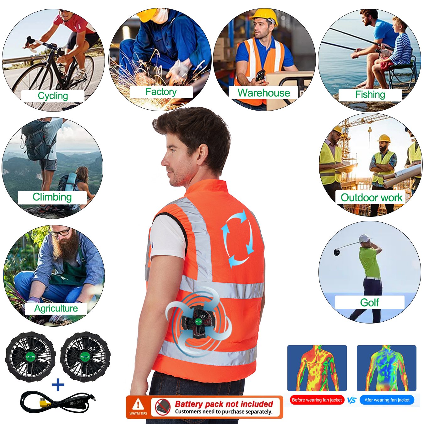 AKOOUS 6500 RPM 12V/5V USB 3팬  - Fishing Jacket Waterproof 리뷰 및 가격